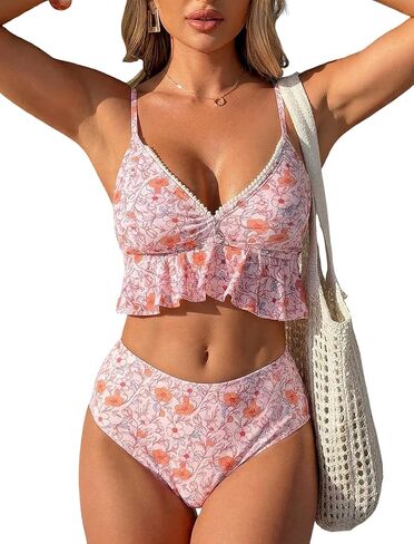 ZAFUL Womens High Waisted Bikini Sets Floral Ruffle Trim V Neck Two Piece Swimsuits Bathing Suits in Saudi Arabia