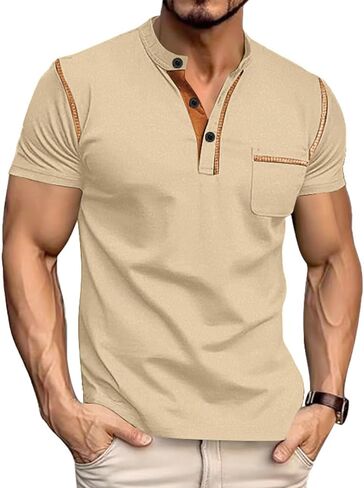 قميص Henley للرجال قصير الأكمام تي شيرت غير رسمية أعلى القمصان الصيفية الخفيفة الوزن مع زر in Kuwait