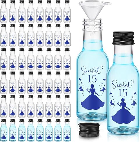 50 PCS Quinceanera Mini Liquor Bottle Mis Quince Anos 1.7oz زجاجة بلاستيكية فارغة مع غطاء مسمار أسود 1 هدية عيد ميلاد حلوة 15 سنة للضيف Recuerdos de Quinceañera (الأزرق) in Saudi Arabia