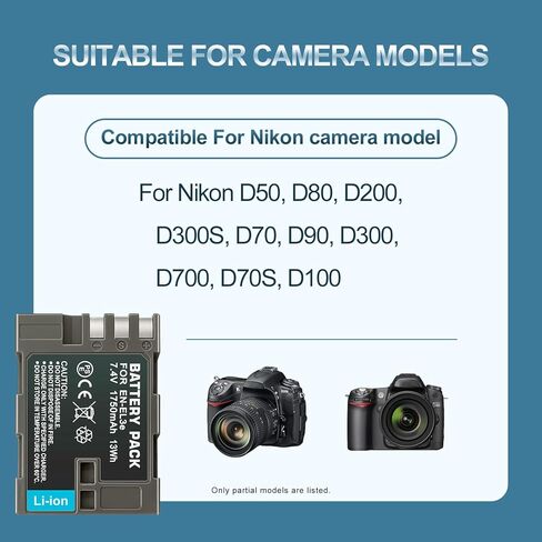 بطارية EN-EL3e، 7.4 فولت 1750 مللي أمبير في الساعة، ليثيوم أيون، عبوتان، متوافقة مع كاميرا Nikon D50 D70 D70s D80 D90 D100 D200 D300 D300s D700 DSLR، قابلة للشحن in Kuwait