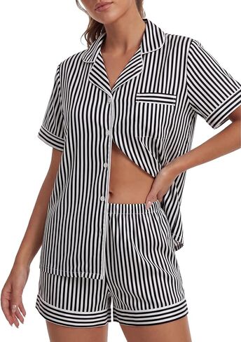OPOIPIN Women's Striped Pajamas Set Button Down Short Sleeve Shirt 2 Piece Sleepwear with Shorts in Saudi Arabia
