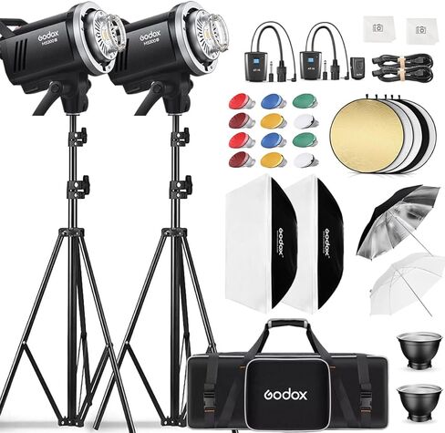 طقم فلاش استوديو Godox MS300V من قطعتين للتصوير الفوتوغرافي، فلاش إضاءة ستروب احترافي بقدرة 600 وات مع مشغل، حامل ثلاثي القوائم، صناديق سوفت بوكس، حقيبة حمل، مظلة لالتقاط الصور الشخصية للمنتج in Kuwait