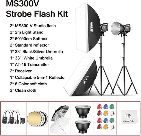 طقم فلاش استوديو Godox MS300V من قطعتين للتصوير الفوتوغرافي، فلاش إضاءة ستروب احترافي بقدرة 600 وات مع مشغل، حامل ثلاثي القوائم، صناديق سوفت بوكس، حقيبة حمل، مظلة لالتقاط الصور الشخصية للمنتج in Kuwait