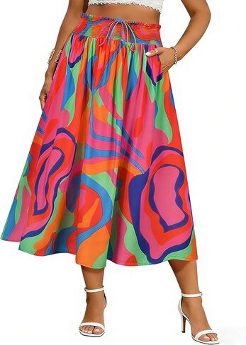 RITERA Plus Size Maxi Skirt for Women Elastic High Waist Boho Floral Skirts Pleated A-Line Flared Skirt with Pockets XL-5XL in Saudi Arabia