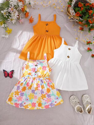 Baby Girl Clothes Sleeveless Ribbed Sundress Floral Print Casual Summer Infant Outfit Dresses 3PCS in Kuwait
