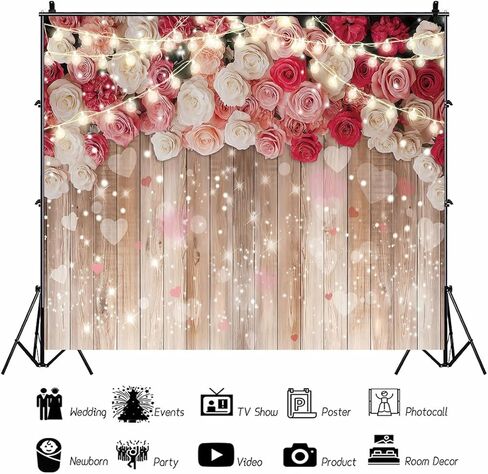 10x8ft خلفية الجدار الخشبي الأزهار، خلفية عيد الأم سعيدة، زهور الورد وأضواء سلسلة خلفية التصوير الفوتوغرافي لعيد الميلاد، الزفاف، دش الزفاف، لوازم الديكور الأحداث in Kuwait