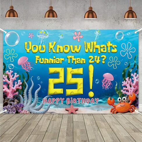 Blue Sponge Ocean 25th Birthday Party Decorations Backdrop You Know What's Funnier Than 24? 25 Cheers to 25 Years Banner Underwater Themed Wall Hanging for Photo Background Party Supplies in Saudi Arabia