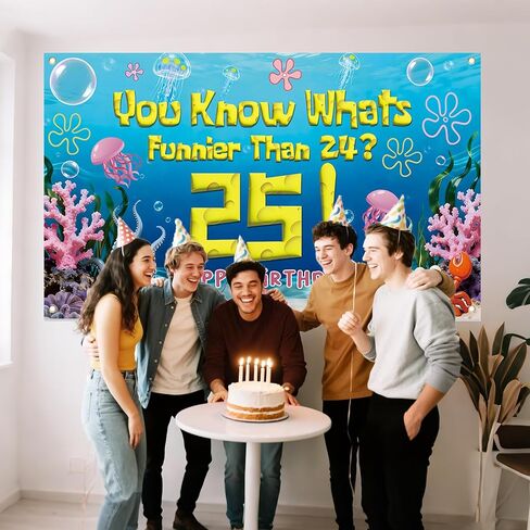Blue Sponge Ocean 25th Birthday Party Decorations Backdrop You Know What's Funnier Than 24? 25 Cheers to 25 Years Banner Underwater Themed Wall Hanging for Photo Background Party Supplies in Saudi Arabia