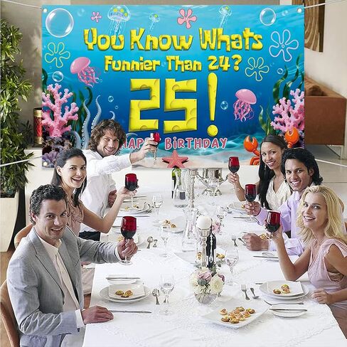 Blue Sponge Ocean 25th Birthday Party Decorations Backdrop You Know What's Funnier Than 24? 25 Cheers to 25 Years Banner Underwater Themed Wall Hanging for Photo Background Party Supplies in Saudi Arabia