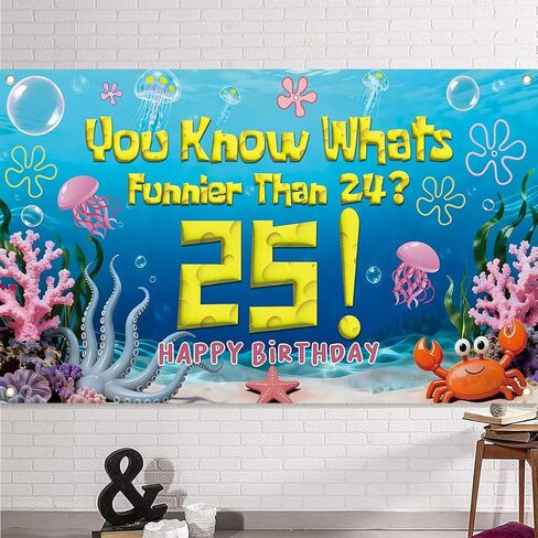 Blue Sponge Ocean 25th Birthday Party Decorations Backdrop You Know What's Funnier Than 24? 25 Cheers to 25 Years Banner Underwater Themed Wall Hanging for Photo Background Party Supplies in Saudi Arabia