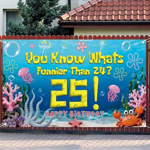 Blue Sponge Ocean 25th Birthday Party Decorations Backdrop You Know What's Funnier Than 24? 25 Cheers to 25 Years Banner Underwater Themed Wall Hanging for Photo Background Party Supplies in Saudi Arabia