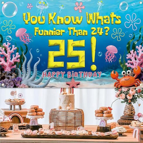 Blue Sponge Ocean 25th Birthday Party Decorations Backdrop You Know What's Funnier Than 24? 25 Cheers to 25 Years Banner Underwater Themed Wall Hanging for Photo Background Party Supplies in Saudi Arabia
