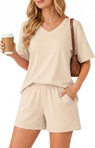 Womens 2 Piece Sets Summer Sweatsuit Outfits 2026 Lounge Set Sleeve Tops And Elastic Waist Shorts With Pockets in Saudi Arabia
