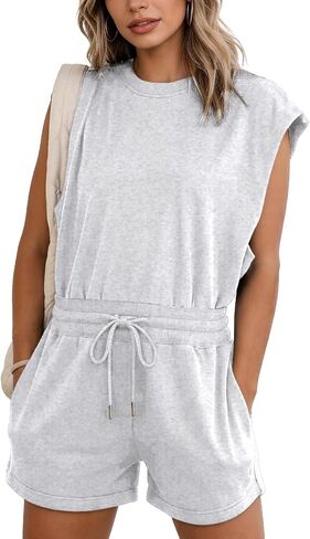 Flygo Womens Casual Jumpsuit Cap Sleeve Open Back One Piece Outfits Drawstring Waist Crewneck Romper with Pocket in Saudi Arabia