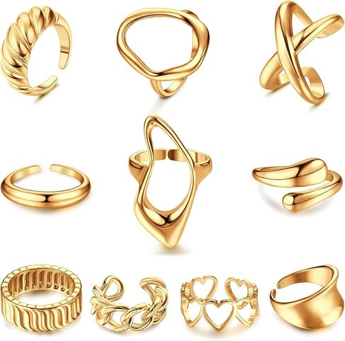 Florideco 10 PCS Chunky Gold Rings for Women Non Tarnish 18K Gold Plated Stackable Rings Adjustable Open Statement Ring Set in Saudi Arabia