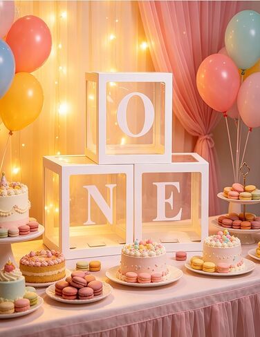 3 Pcs Birthday Decorations, Balloon Boxes Baby Party Decor, Clear Blocks with ONE Letters for Photoshoot Props/Cake Smash Backdrop in Saudi Arabia