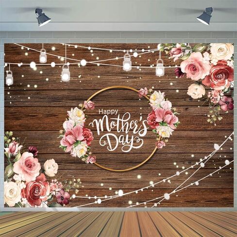 7x5ft Mother's Day Backdrop Mother's Day Brown Wooden Plank Backdrop Mother's Day Floral Photography Background Mother's Day Party Backdrop in Kuwait