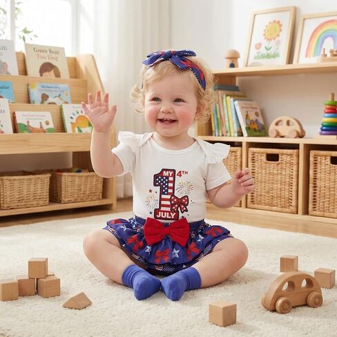 Baby Girl Fourth of July Outfit My 1st 4th of July Romper Ruffle Layered Skirt Shorts Headband Socks Cute Clothes in Saudi Arabia