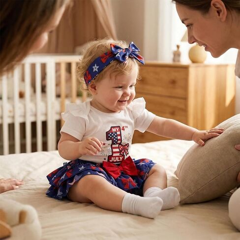 Baby Girl Fourth of July Outfit My 1st 4th of July Romper Ruffle Layered Skirt Shorts Headband Socks Cute Clothes in Saudi Arabia