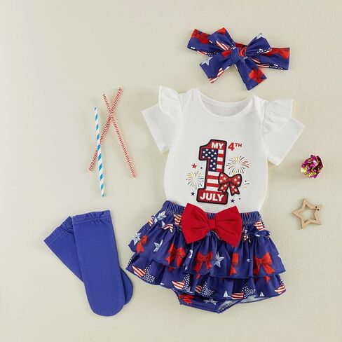 Baby Girl Fourth of July Outfit My 1st 4th of July Romper Ruffle Layered Skirt Shorts Headband Socks Cute Clothes in Saudi Arabia