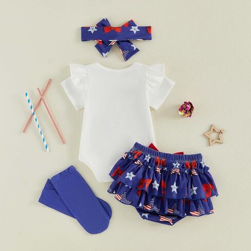 Baby Girl Fourth of July Outfit My 1st 4th of July Romper Ruffle Layered Skirt Shorts Headband Socks Cute Clothes in Saudi Arabia