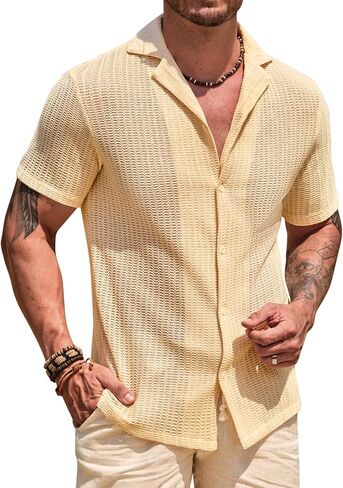 Men Summer Beach قمصان أنيقة أجوف زر أسفل القميص الكوبي غير الرسمي (S-XXL) in Kuwait