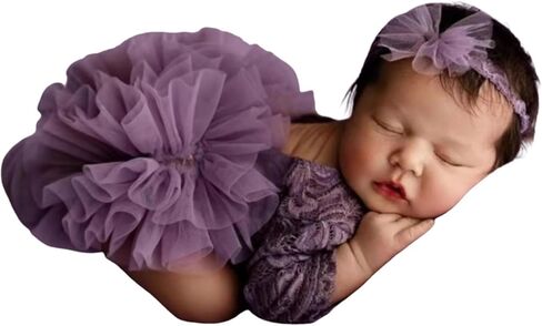 Newborn Photography Props Lace Romper Set with Matching Headband Infant Baby Girl Outfit for Photoshoot 0-1 Months in Saudi Arabia