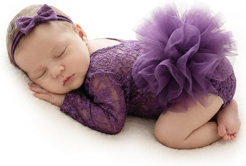 Newborn Photography Props Lace Romper Set with Matching Headband Infant Baby Girl Outfit for Photoshoot 0-1 Months in Saudi Arabia