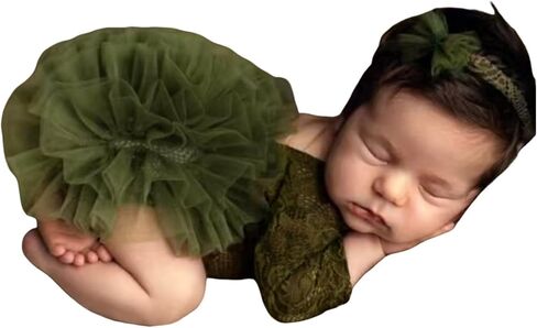 Newborn Photography Props Lace Romper Set with Matching Headband Infant Baby Girl Outfit for Photoshoot 0-1 Months in Saudi Arabia