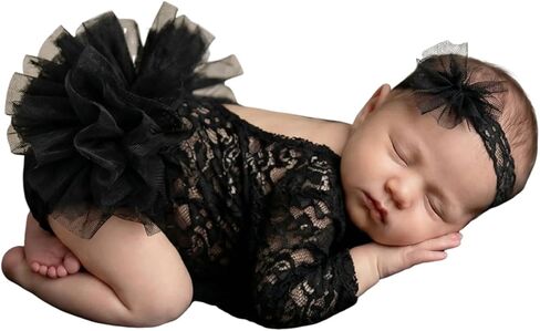 Newborn Photography Props Lace Romper Set with Matching Headband Infant Baby Girl Outfit for Photoshoot 0-1 Months in Saudi Arabia