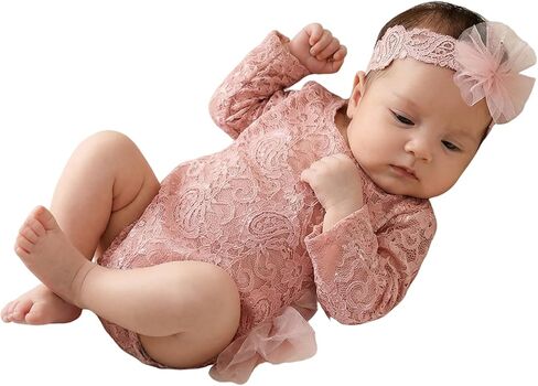 Newborn Photography Props Lace Romper Set with Matching Headband Infant Baby Girl Outfit for Photoshoot 0-1 Months in Saudi Arabia