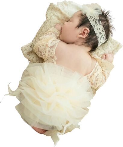 Newborn Photography Props Lace Romper Set with Matching Headband Infant Baby Girl Outfit for Photoshoot 0-1 Months in Saudi Arabia