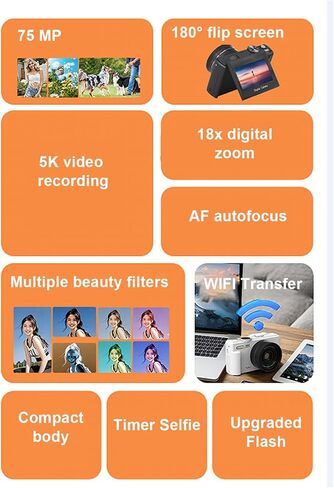 Digital Camera, 5K 75MP UHD WiFi Autofocus Camera with 3" 180 Flip Screen, 18X Digital Zoom, Built in Mic, for Photography Video (Black) in Saudi Arabia