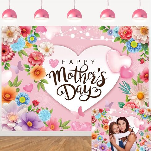 Happy Mother's Day Backdrop 7x5FT Pink Flowers Mothers Day Photography Background Thanks Mom Women Birthday Party Decorations Banner Supplies in Saudi Arabia