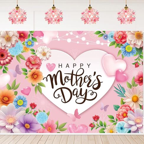 Happy Mother's Day Backdrop 7x5FT Pink Flowers Mothers Day Photography Background Thanks Mom Women Birthday Party Decorations Banner Supplies in Saudi Arabia