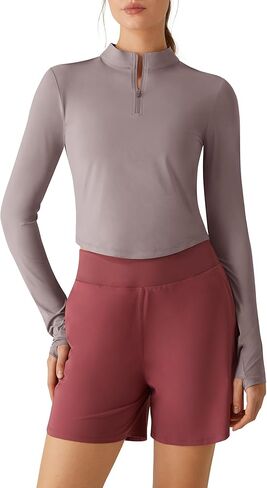 G4Free Lightbreeze Women's UPF 50+ Sun Shirts Long Sleeve Crop Workout Tops Thumbholes Mock Neck Quater Zip Tees Running in Saudi Arabia