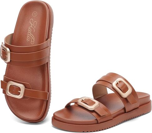 katliu Women's Comfort Flat Sandals Double Buckle Adjustable Slide Sandals Casual Summer Sandals with Arch Support in Saudi Arabia