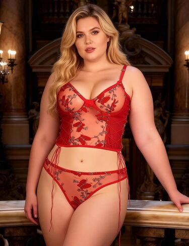 Plus Size Lace Mesh Lingerie Set with Underwire Embroidery Criss Cross Waist and Adjustable Straps Nightwear in Saudi Arabia