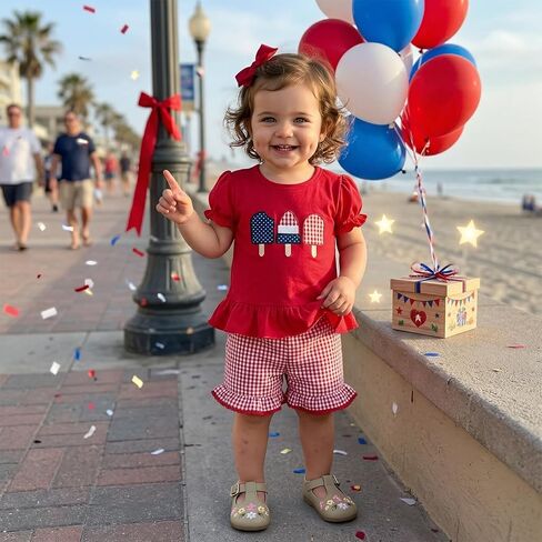 Karuedoo Toddler Baby Girl 4th of July Outfit Popsicle Embroidery Puff Sleeve Ruffle T Shirt Tops Plaid Shorts Set in Saudi Arabia