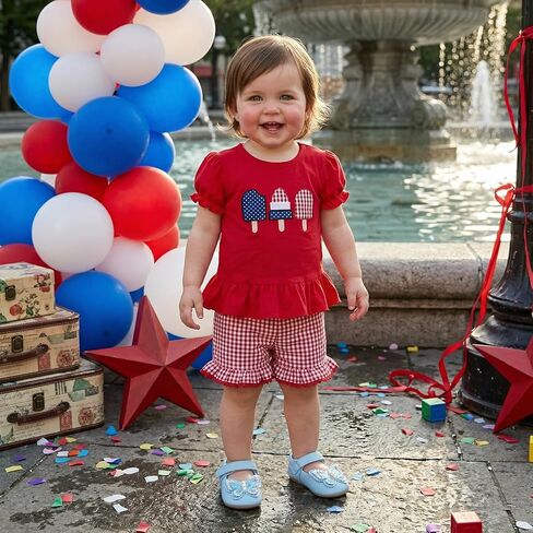 Karuedoo Toddler Baby Girl 4th of July Outfit Popsicle Embroidery Puff Sleeve Ruffle T Shirt Tops Plaid Shorts Set in Saudi Arabia