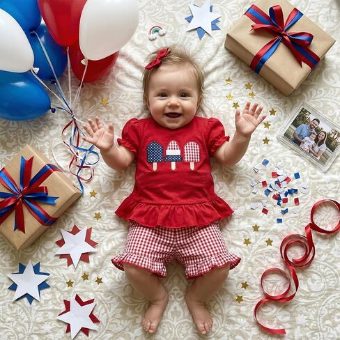 Karuedoo Toddler Baby Girl 4th of July Outfit Popsicle Embroidery Puff Sleeve Ruffle T Shirt Tops Plaid Shorts Set in Saudi Arabia