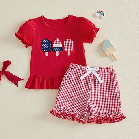 Karuedoo Toddler Baby Girl 4th of July Outfit Popsicle Embroidery Puff Sleeve Ruffle T Shirt Tops Plaid Shorts Set in Saudi Arabia