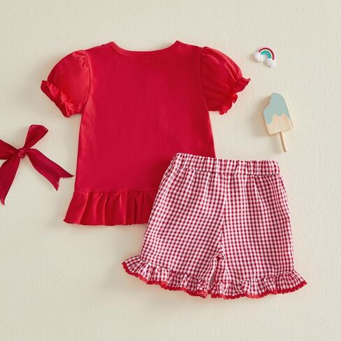 Karuedoo Toddler Baby Girl 4th of July Outfit Popsicle Embroidery Puff Sleeve Ruffle T Shirt Tops Plaid Shorts Set in Saudi Arabia