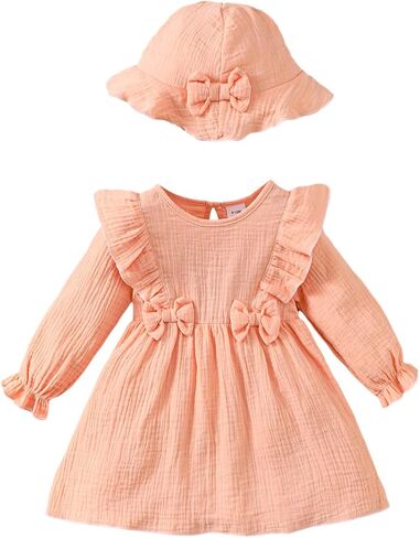 Baby Girls' Ruffle Bow Dress with Hat – Peach Cotton Outfit for 6M-3Y Infants Toddlers Casual Daily Wear in Kuwait