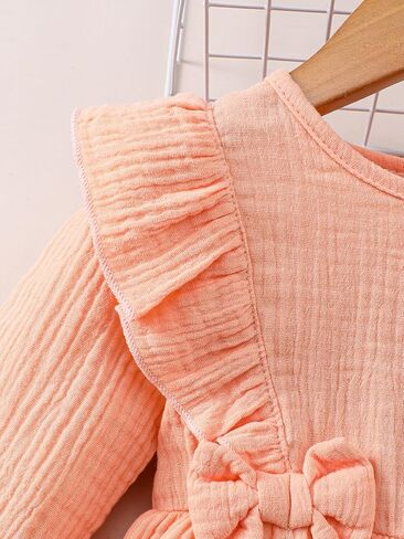 Baby Girls' Ruffle Bow Dress with Hat – Peach Cotton Outfit for 6M-3Y Infants Toddlers Casual Daily Wear in Kuwait