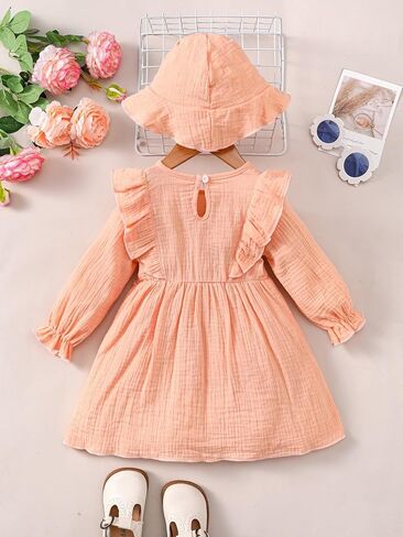 Baby Girls' Ruffle Bow Dress with Hat – Peach Cotton Outfit for 6M-3Y Infants Toddlers Casual Daily Wear in Kuwait