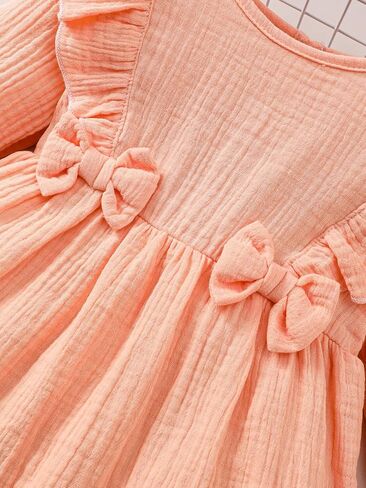 Baby Girls' Ruffle Bow Dress with Hat – Peach Cotton Outfit for 6M-3Y Infants Toddlers Casual Daily Wear in Kuwait