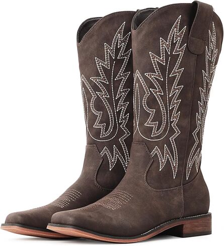 FancyQueen Cowboy Boots for Women - Square Toe Cowgirl Boots, Mid Calf Western Boots with Embroidery, Pull On Chunky Heel for Daily Wear in Kuwait