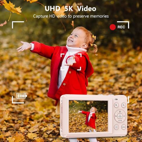 كاميرا رقمية بدقة 72 ميجابكسل ودقة 5K وشاشة UHD مقاس 2.8 بوصة، ومحمولة وصغيرة الحجم، مع تكبير 16X، وتتضمن بطاقة SD سعة 32 جيجابايت - مثالية للمبتدئين ومدوني الفيديو in Kuwait