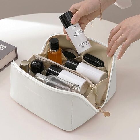 Ladies makeup bag, large capacity travel makeup bag, portable flat large opening makeup bag, waterproof makeup bag, can accommodate toiletries and cosmetics (Double zipper Pink) in Saudi Arabia